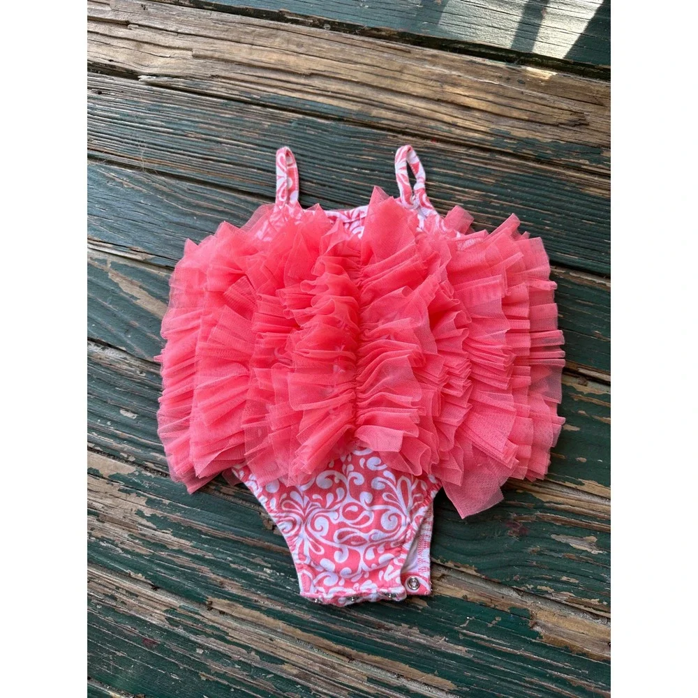 Mud Pie Baby Girls Pink White Damask Ruffle Tulle Bodysuit 6-9M